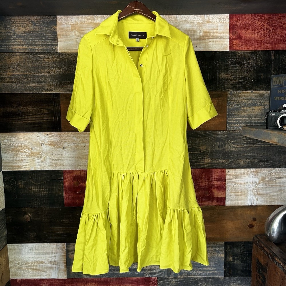 Talbot Runhof Dress Tiered Shirtdress Midi in Yellow Wool Size 40 Flare 10